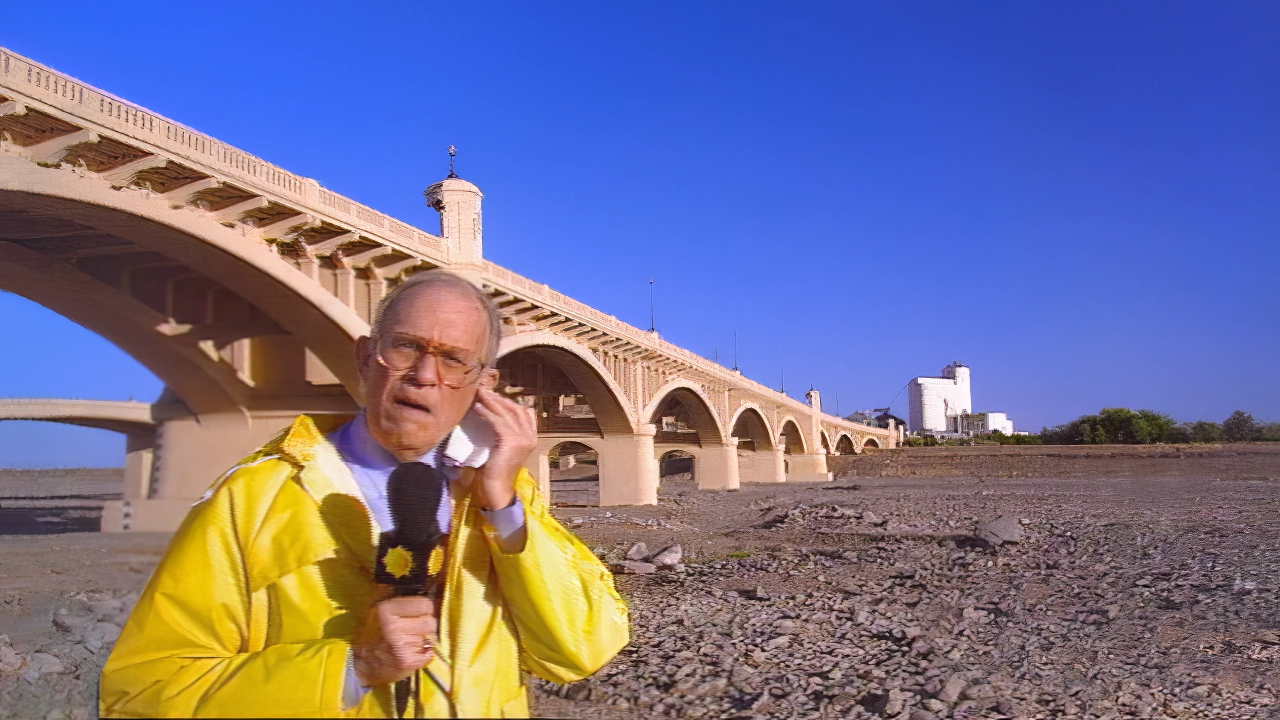 A reporter on location standing in a dry riverbed.